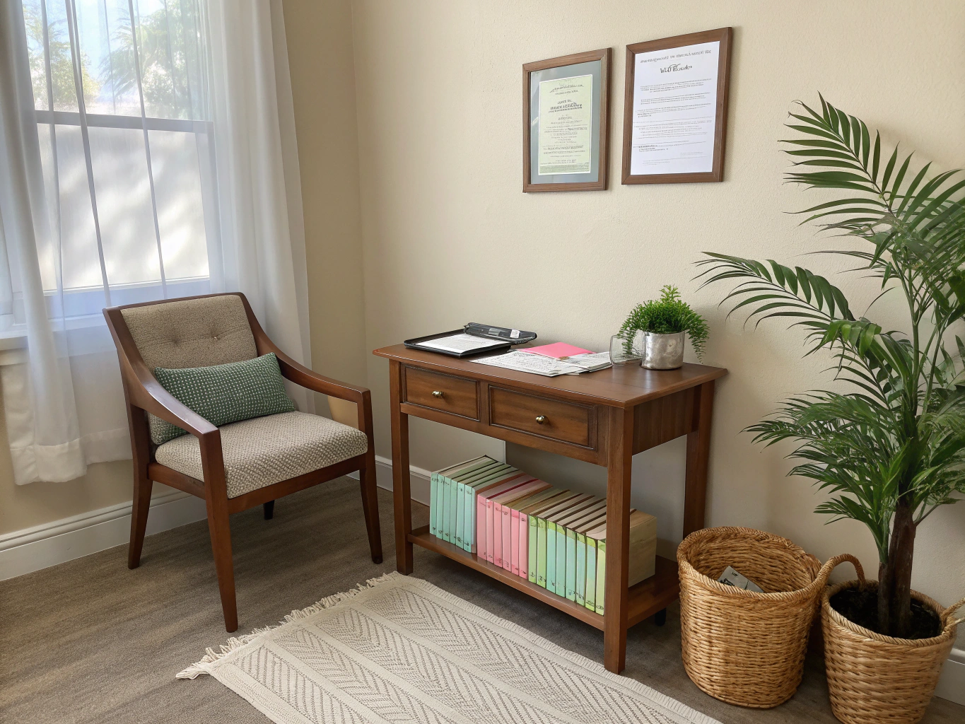 A calm, professional clinical office setting with soft lighting
